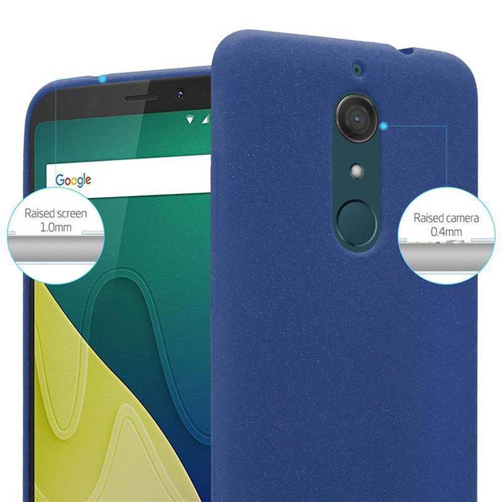 Custodia blu per telefono su sfondo bianco. I dettagli mostrano protezione schermo e fotocamera rialzate, logo Google.