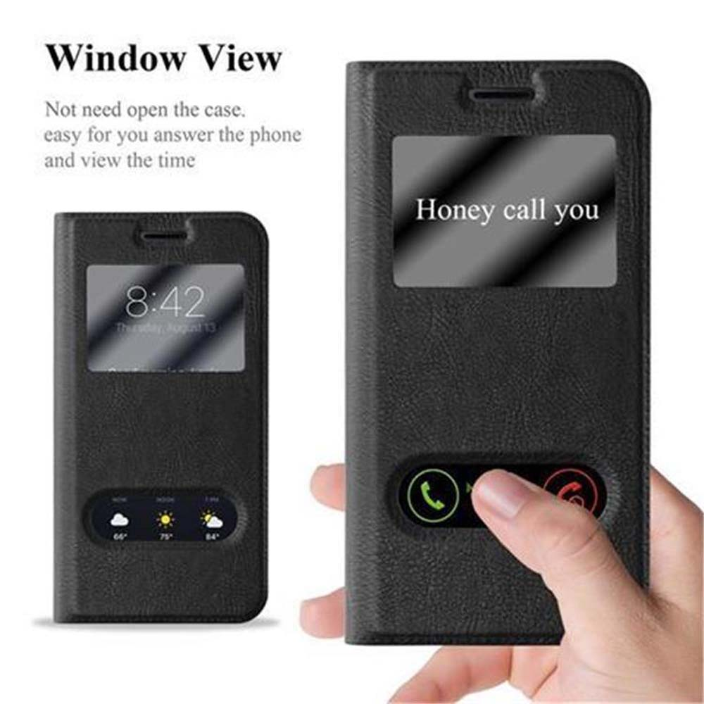 Funda negra para teléfono con ventana, mostrando una pantalla. Muestra hora e información de llamada.