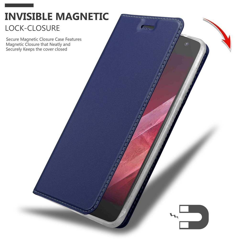 Custodia blu per telefono, aperta, con telefono all'interno. Il testo 'INVISIBLE MAGNETIC LOCK-CLOSURE' è visibile sulla cover.