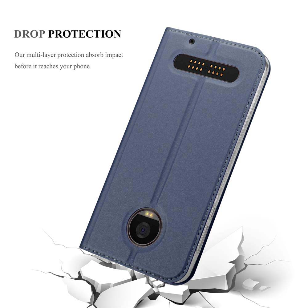 Una custodia blu per telefono con un telefono all'interno e un effetto di terreno rotto. Il testo dice: Protezione dalle cadute.