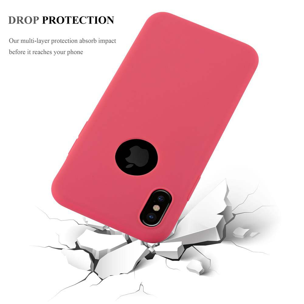 Eine rote Handyhülle auf einer weißen Oberfläche, wie zerschlagen. Text sagt 'DROP PROTECTION'.