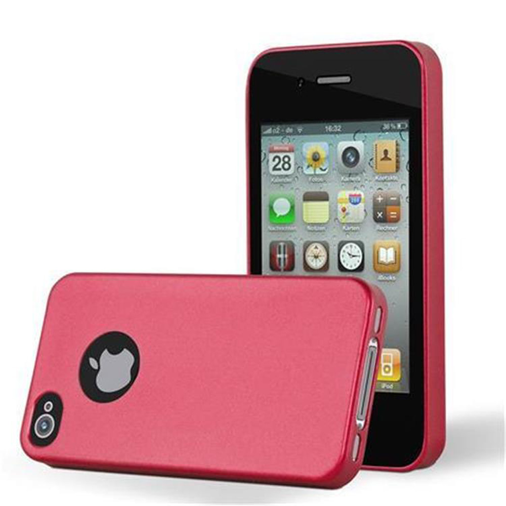 Rote Handyhülle mit Telefon. Das Apple-Logo ist auf der Hülle sichtbar.