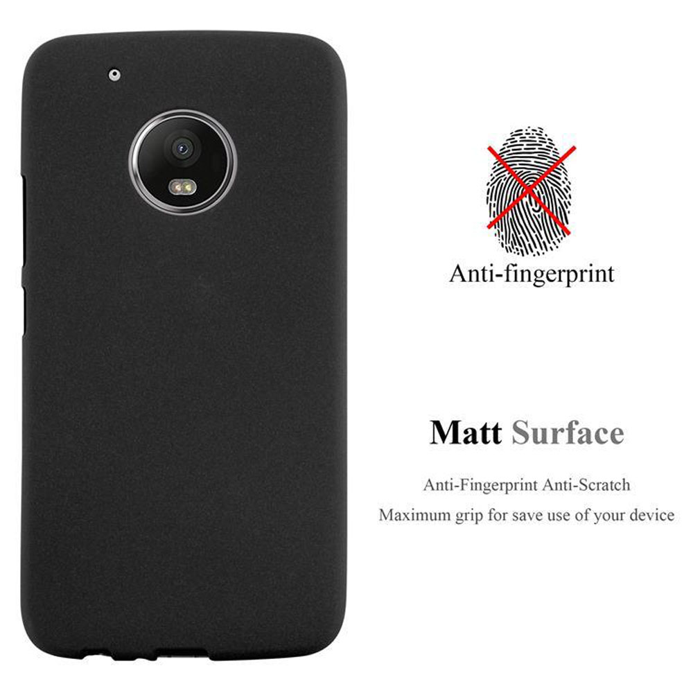 Custodia per telefono nera. Testo: 'Anti-impronte', 'Superficie opaca'. Un'impronta digitale è sbarrata.