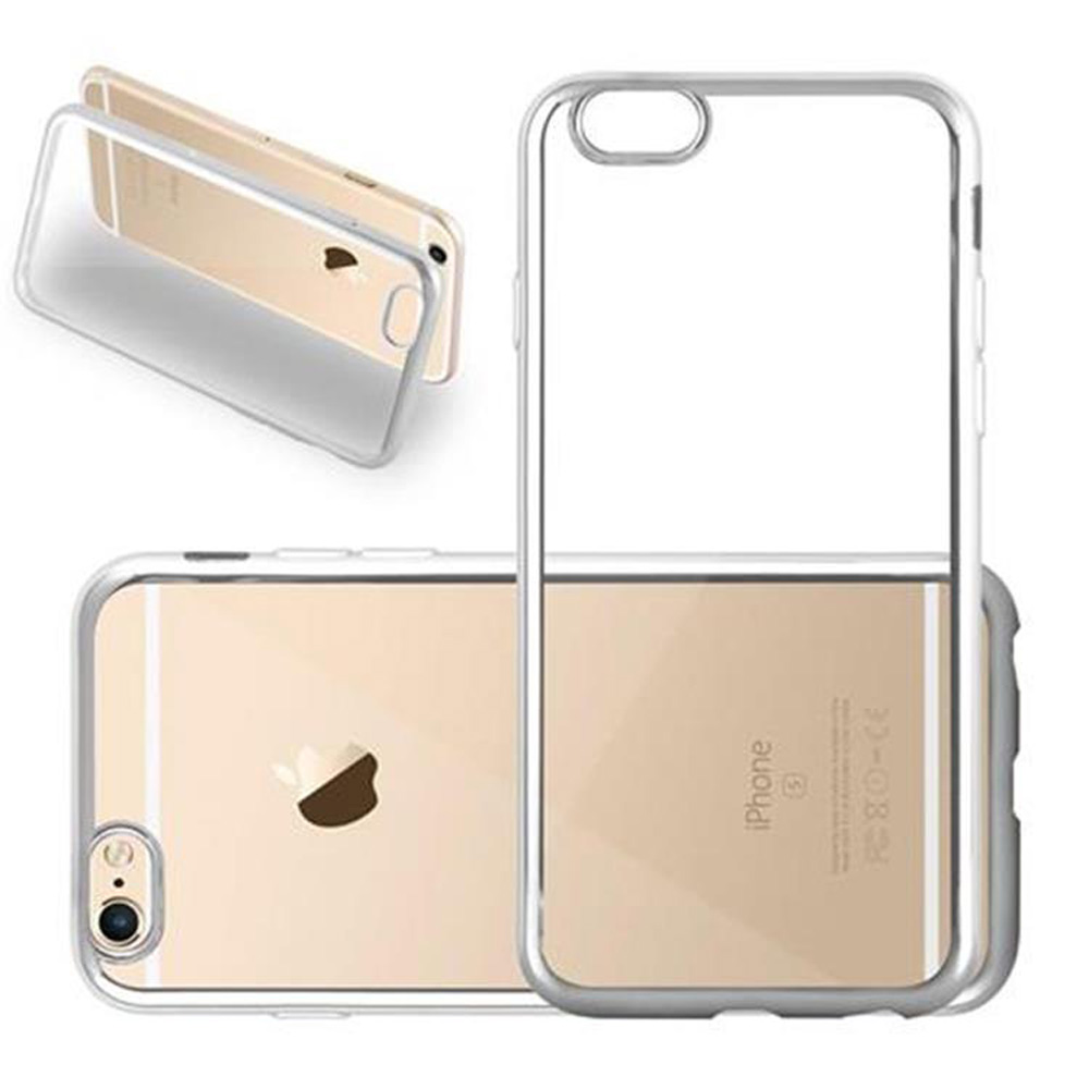 Custodia trasparente per telefono su un iPhone oro. Due custodie mostrano il retro, una il fronte.