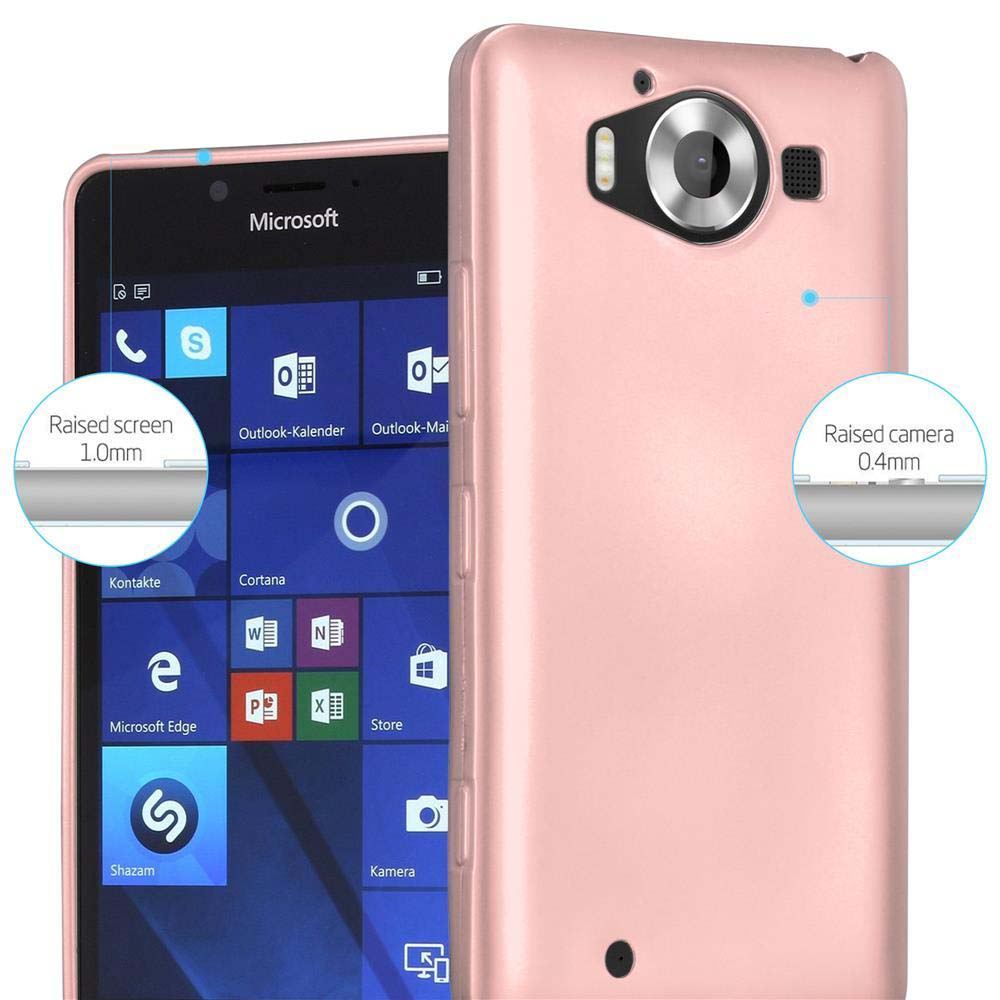 Un telefono e una custodia rosa con bordi rialzati per fotocamera e schermo.