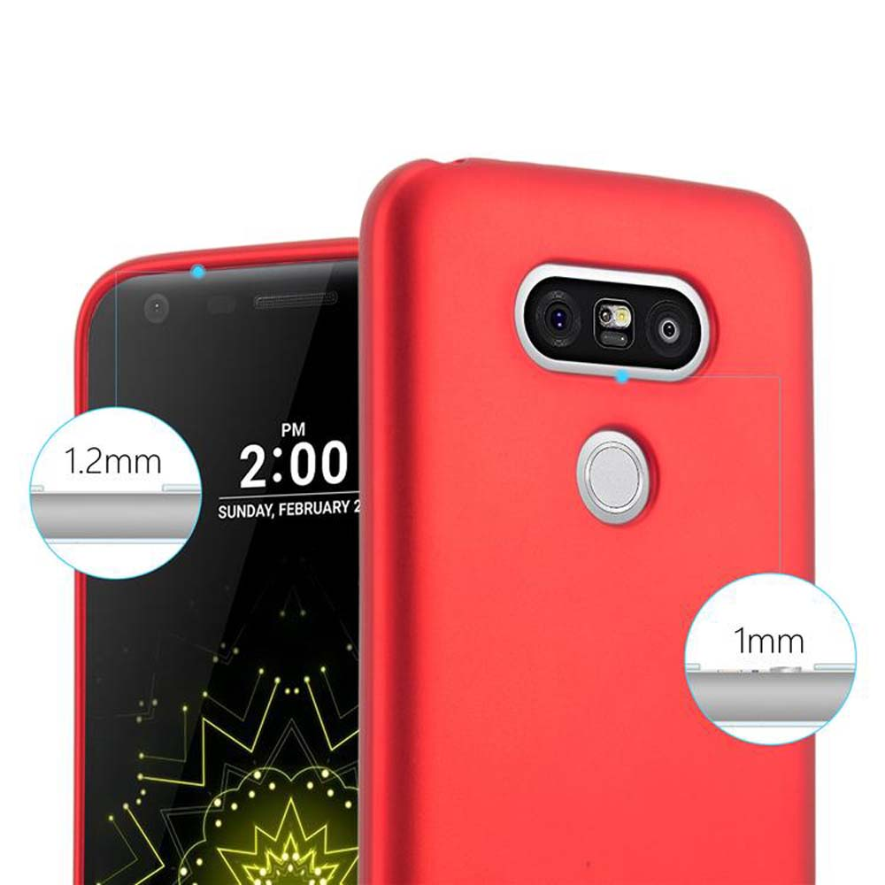 Rote Handyhülle zeigt Telefonbildschirm, Details 1,2 mm und 1 mm.
