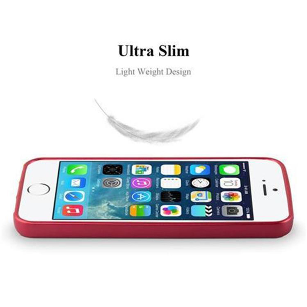 Un telefono con una custodia rossa, che mostra app su sfondo bianco. Il design è ultra sottile.