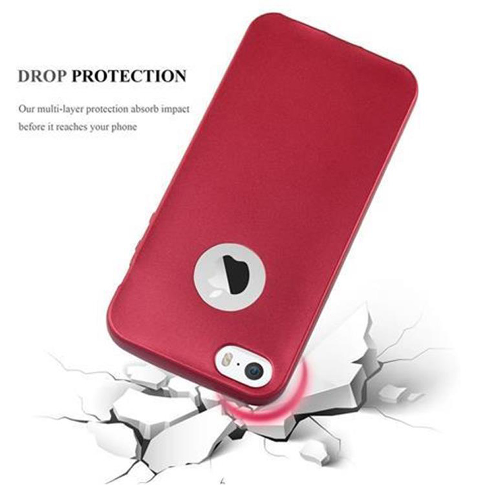 Una custodia rossa per telefono giace su cemento rotto. Il testo dice 'Drop Protection' e 'Our multi-layer protection'.