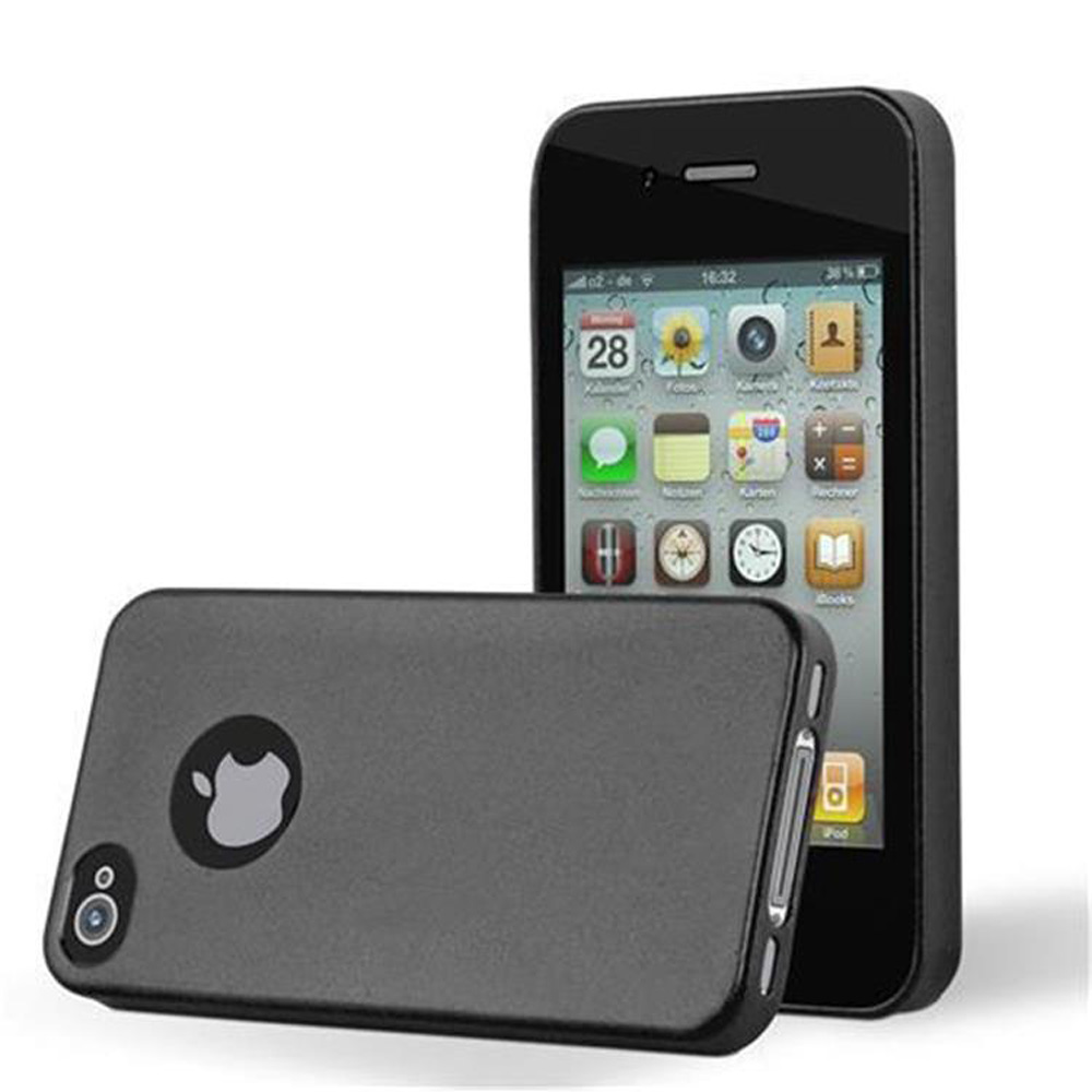 Schwarzes iPhone mit schwarzem Gehäuse. Das Gehäuse hat ein Apple-Logo. Der Bildschirm zeigt Symbole an.