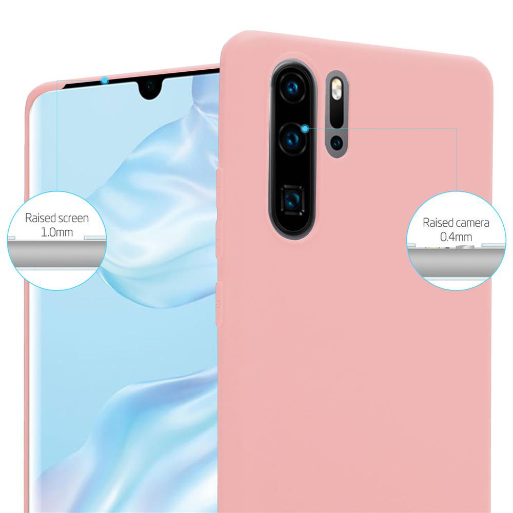 Rosa Handyhülle mit Telefon darin. Erhöhte Bildschirm- und Kameradetails. Weißer Hintergrund.