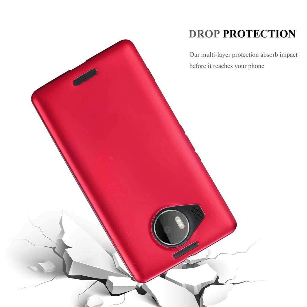 Custodia rossa per telefono che cade, con crepe nel terreno e testo di protezione dalle cadute.