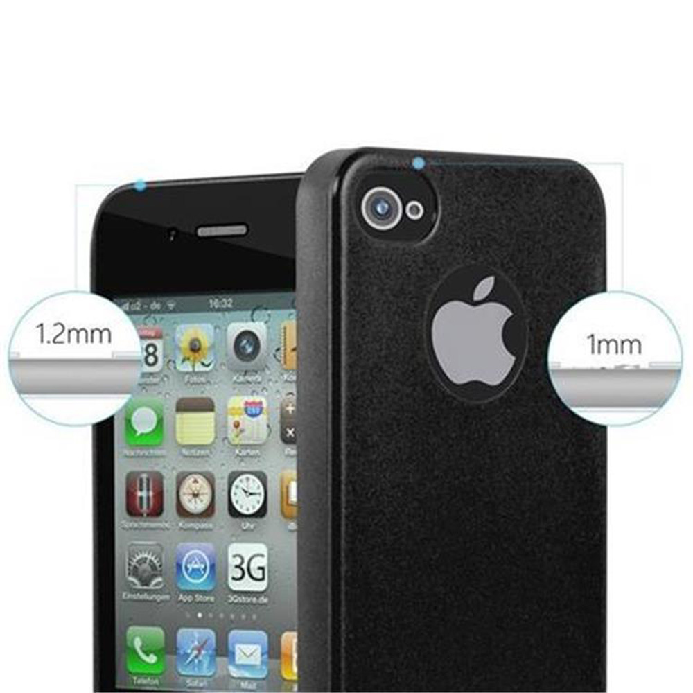 Schwarze Handyhülle auf einem Telefon, mit weißem Apple-Logo und Detailansichten.