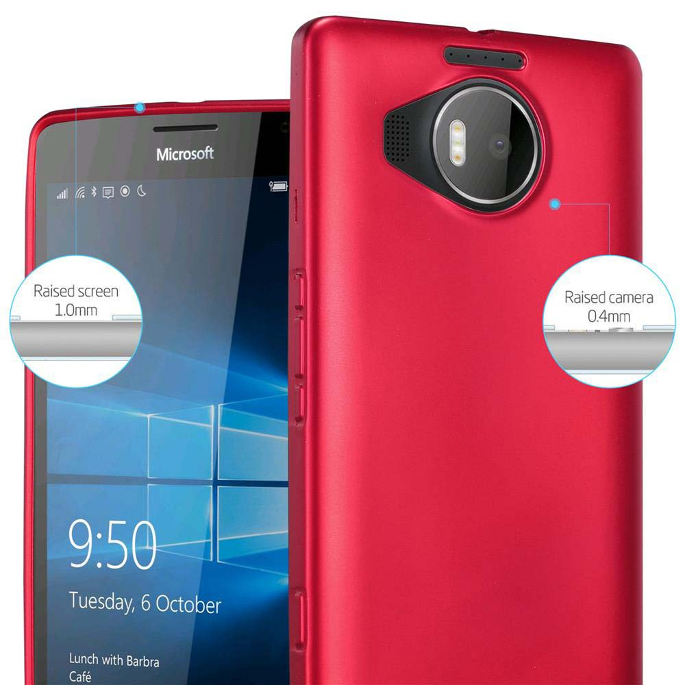 Custodia rossa per telefono con dettagli. Schermo e fotocamera rialzati.