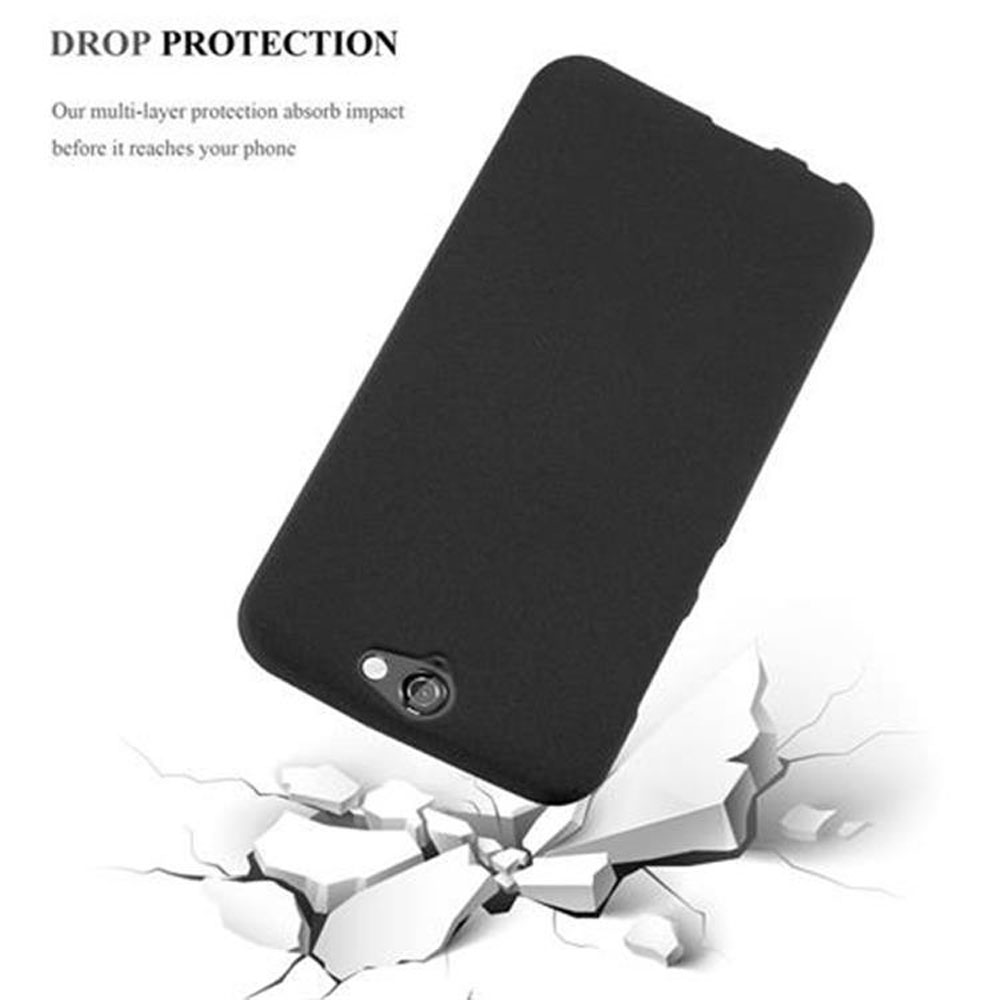Custodia nera per telefono che cade su una superficie incrinata. Il testo sopra dice 'DROP PROTECTION'.