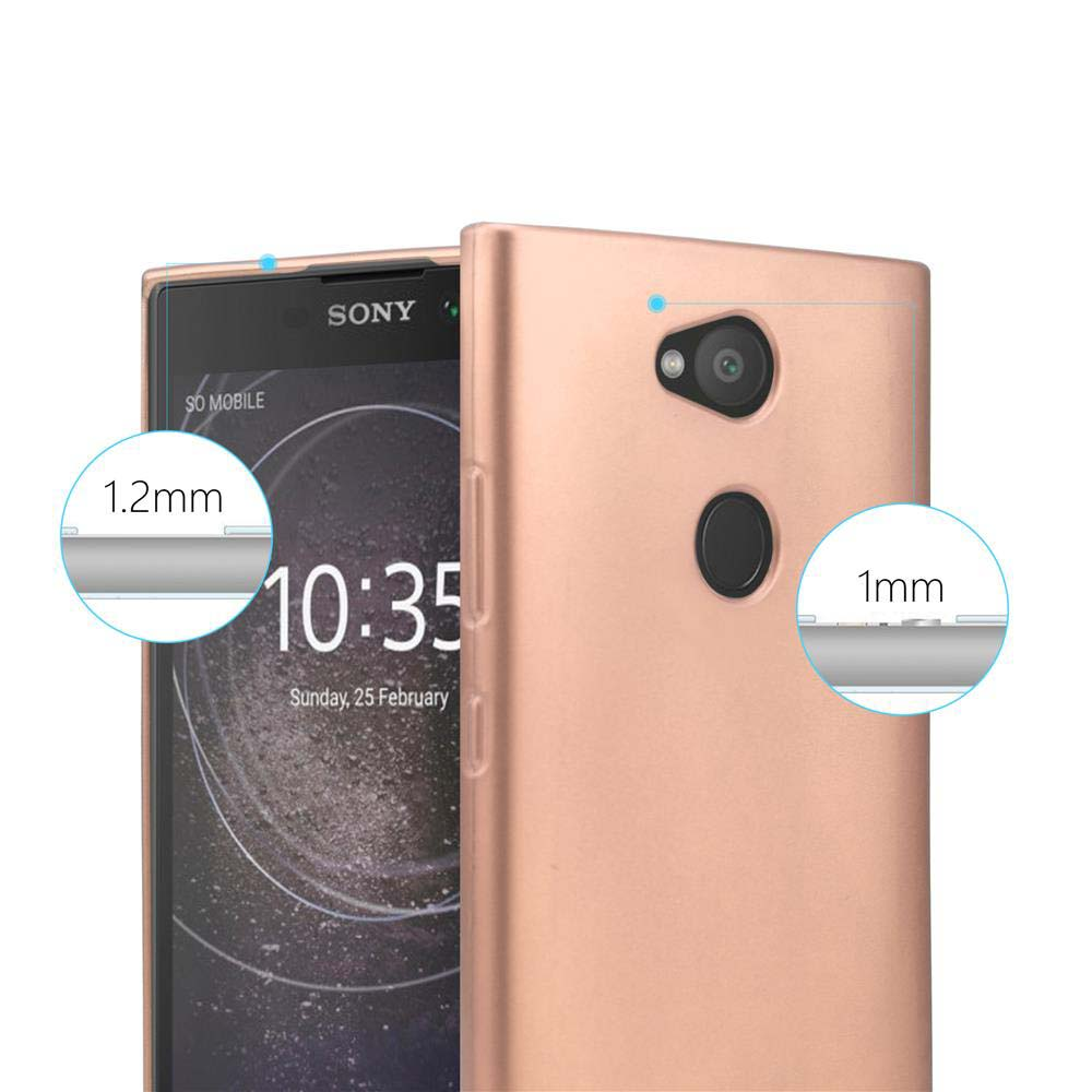 Ein roségoldenes Telefon mit Kamera. Text zeigt Messungen der Bildschirm- und Kameradicke: 1,2 mm und 1 mm.