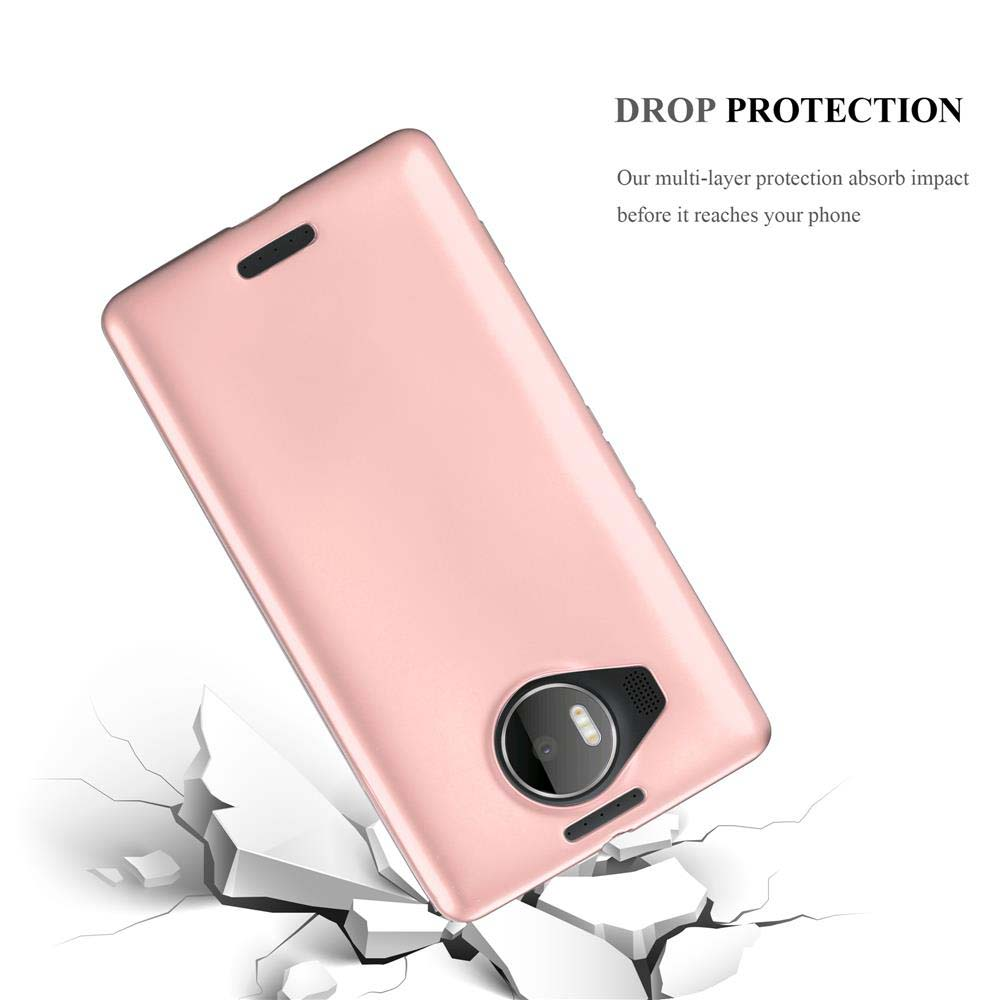 Custodia rosa con telefono, superficie rotta, protezione dalle cadute.