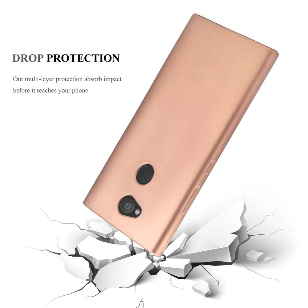 Ein roségoldenes Telefon fällt auf eine zerbrechende Oberfläche. Das Gehäuse dient dem Fallschutz.