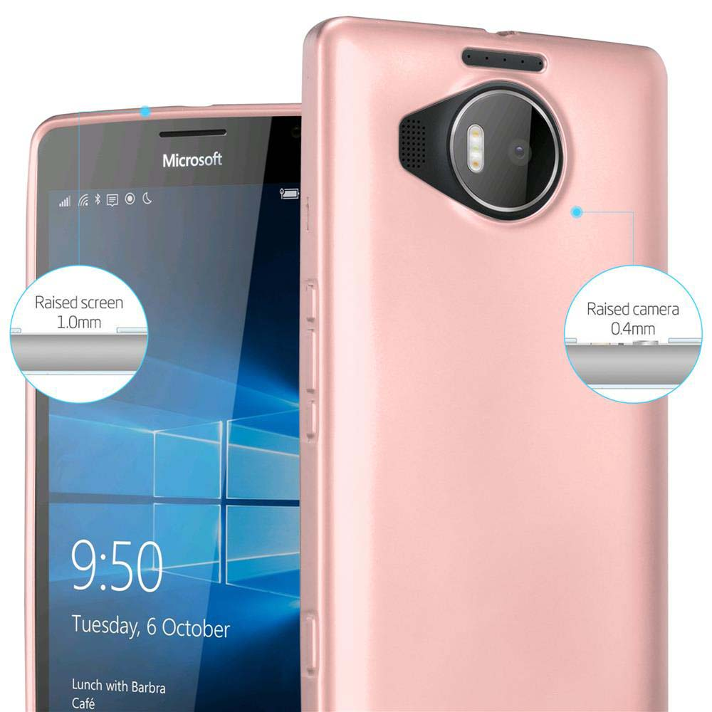Telefono rosa in custodia rosa. Testo: Schermo e fotocamera rialzati.
