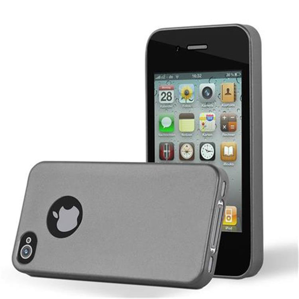 Graues Telefon mit grauer Hülle. Die Hülle hat ein Apple-Logo auf der Rückseite.