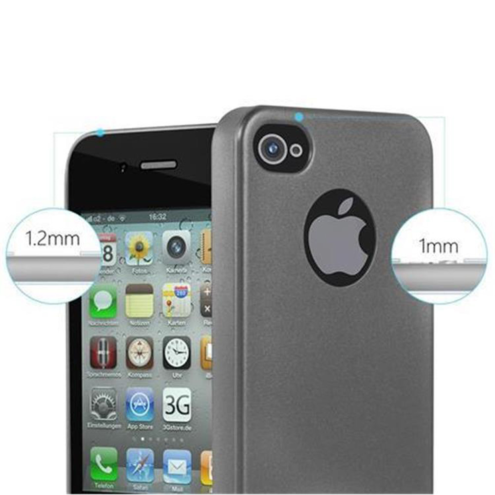 Telefon in grauer Hülle mit Apple-Logo, mit Nahkreisen, die die Dicke zeigen.