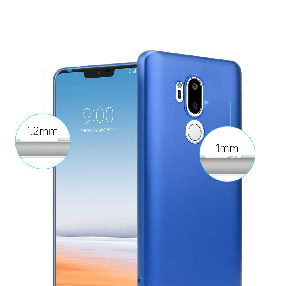 Custodia per telefono blu, che mostra un telefono. La custodia è spessa 1 mm. Lo schermo del telefono mostra l'ora 9:00.