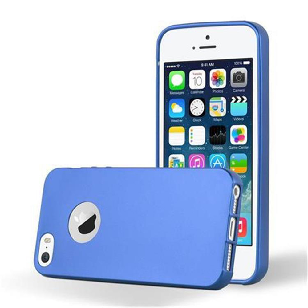 Custodia blu per telefono e iPhone bianco. Schermo dell'iPhone che mostra le icone delle app.