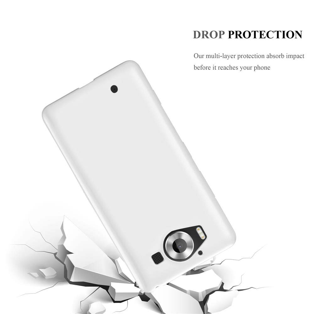 Telefono bianco che cade con effetto crepa, protezione anticaduta enfatizzata.
