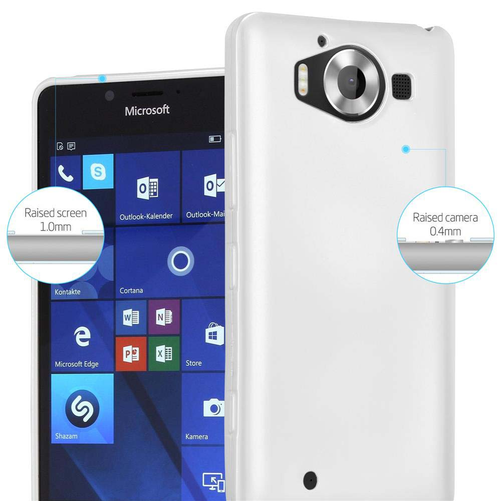 Una custodia bianca per telefono con un telefono all'interno e protezione rialzata per fotocamera e schermo. Interfaccia Microsoft visibile.