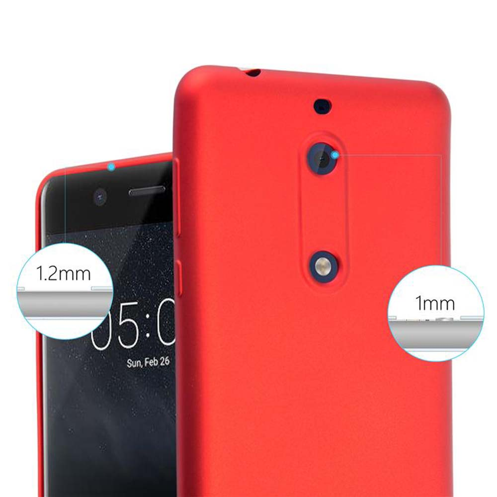 Custodia rossa per telefono con protezione schermo e fotocamera, con etichette sovrapposte. Telefono all'interno.