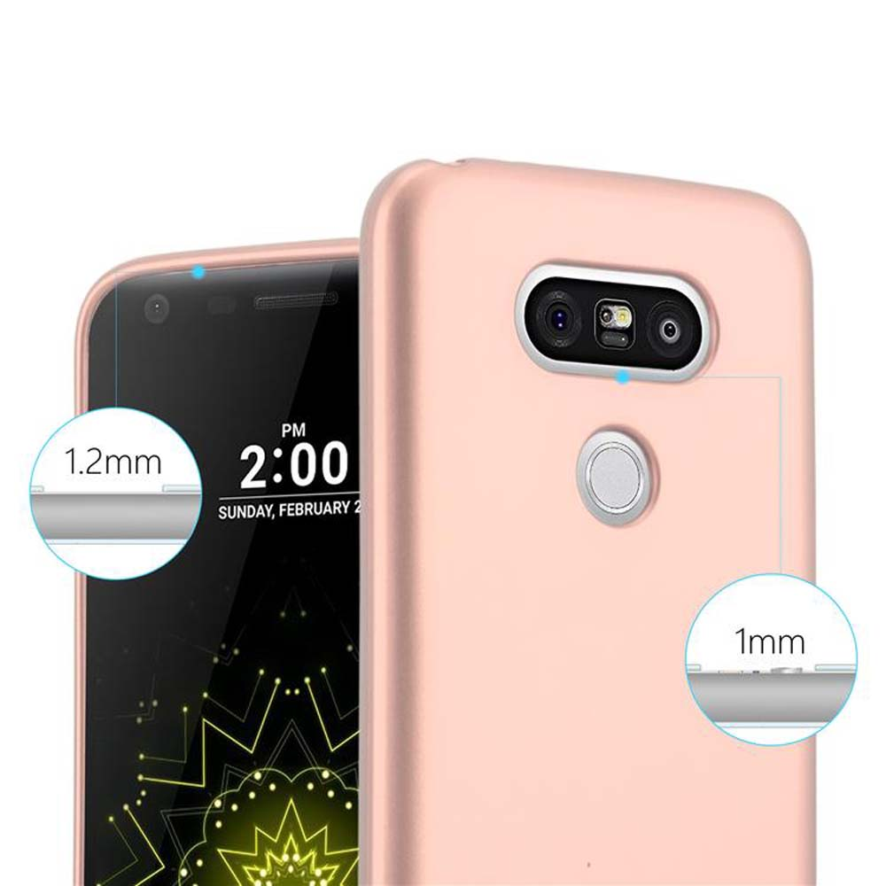 Rosa Handyhülle mit Telefon. Das Telefon hat einen schwarzen Bildschirm. Details zur Dicke werden gezeigt.