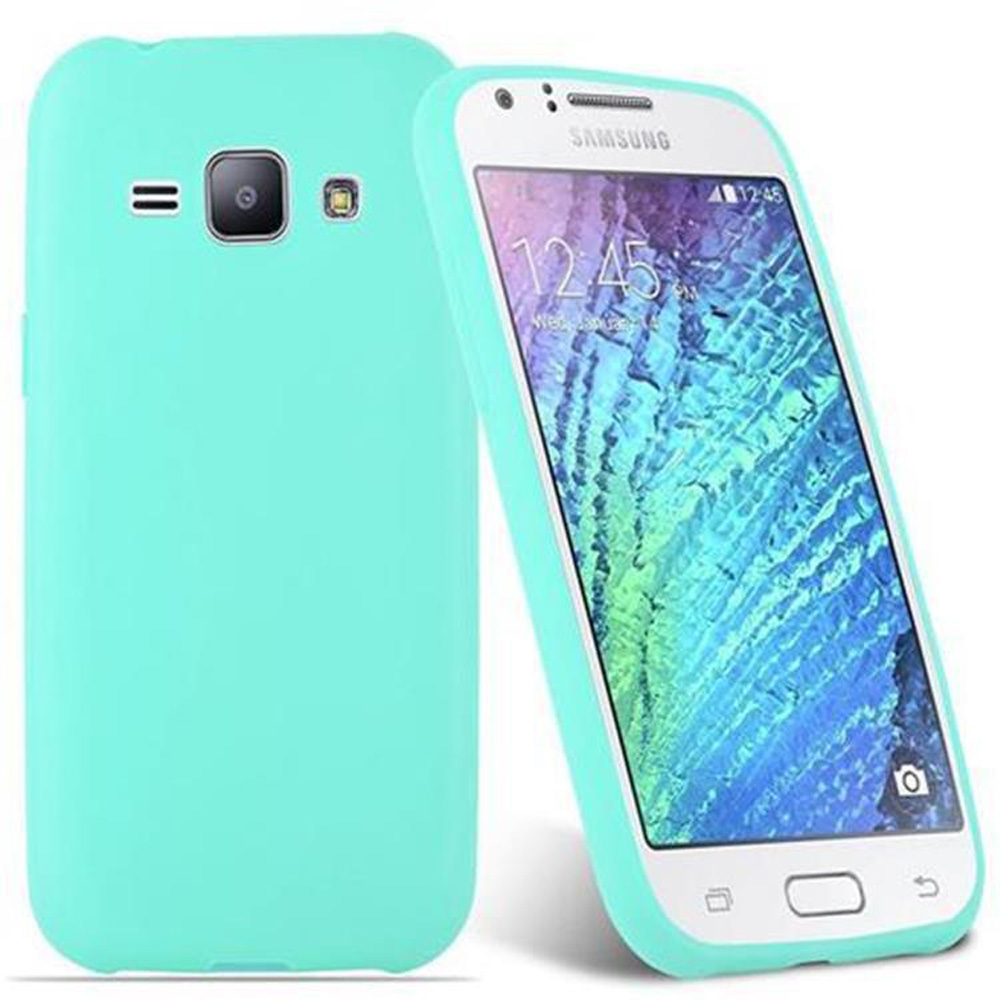 Custodia per telefono color acqua con un telefono Samsung con schermo bianco.