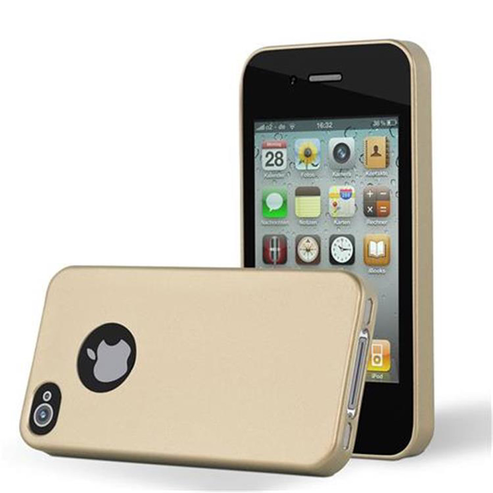 Goldenes Telefon mit Hülle. Das Telefon auf weißem Hintergrund. Die Hülle liegt daneben.