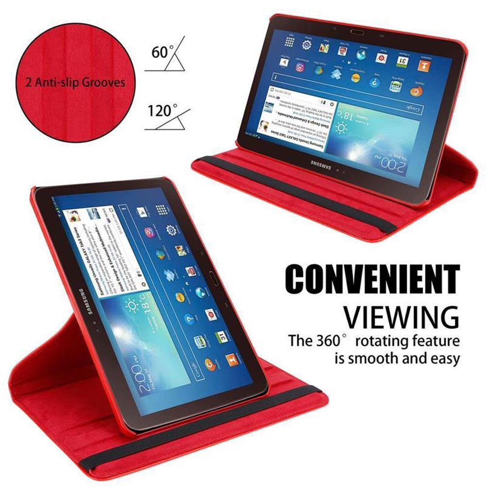 Tablets in roten Hüllen, eine offen und eine geschlossen, mit Text über bequemes Sehen.