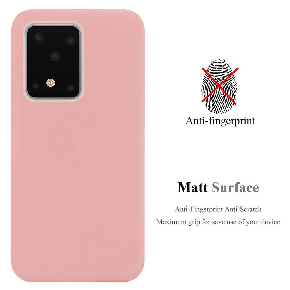 Rosa Handyhülle mit einem Telefon darin. Es steht 'Matt Surface' drauf. Anti-Fingerabdruck wird gezeigt.