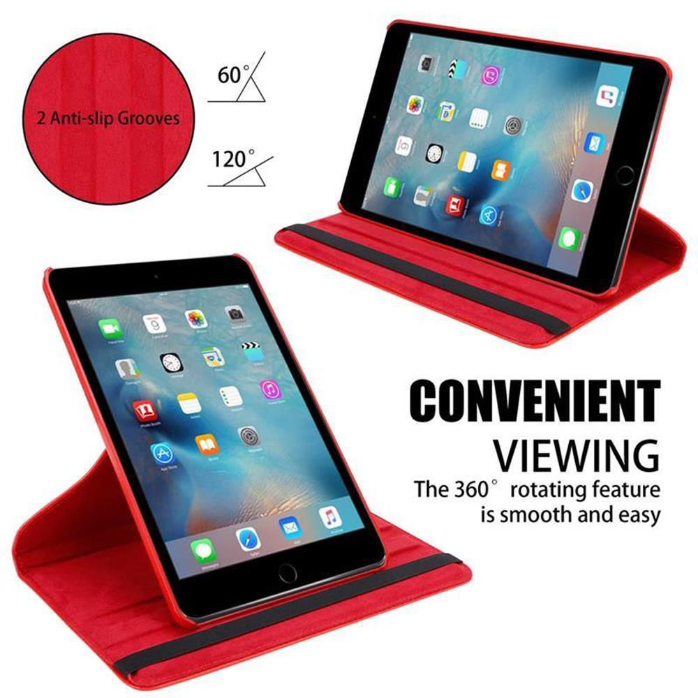 Eine rote Tablethülle mit zwei Anzeigewinkeln. Das Tablet zeigt Apps. Die Hülle hat Anti-Rutsch-Rillen.