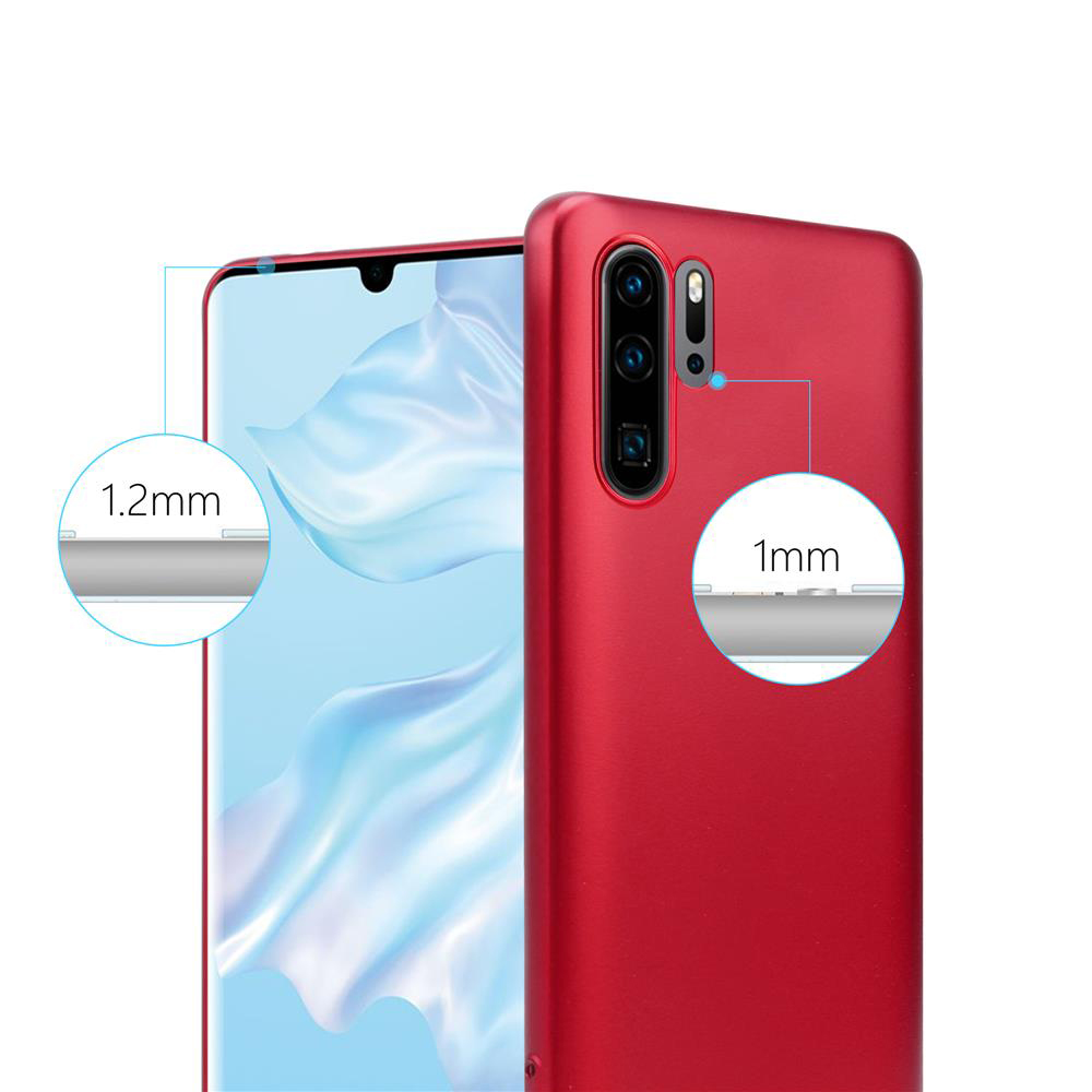Un telefono in una custodia rossa che mostra lo schermo, con misure.
