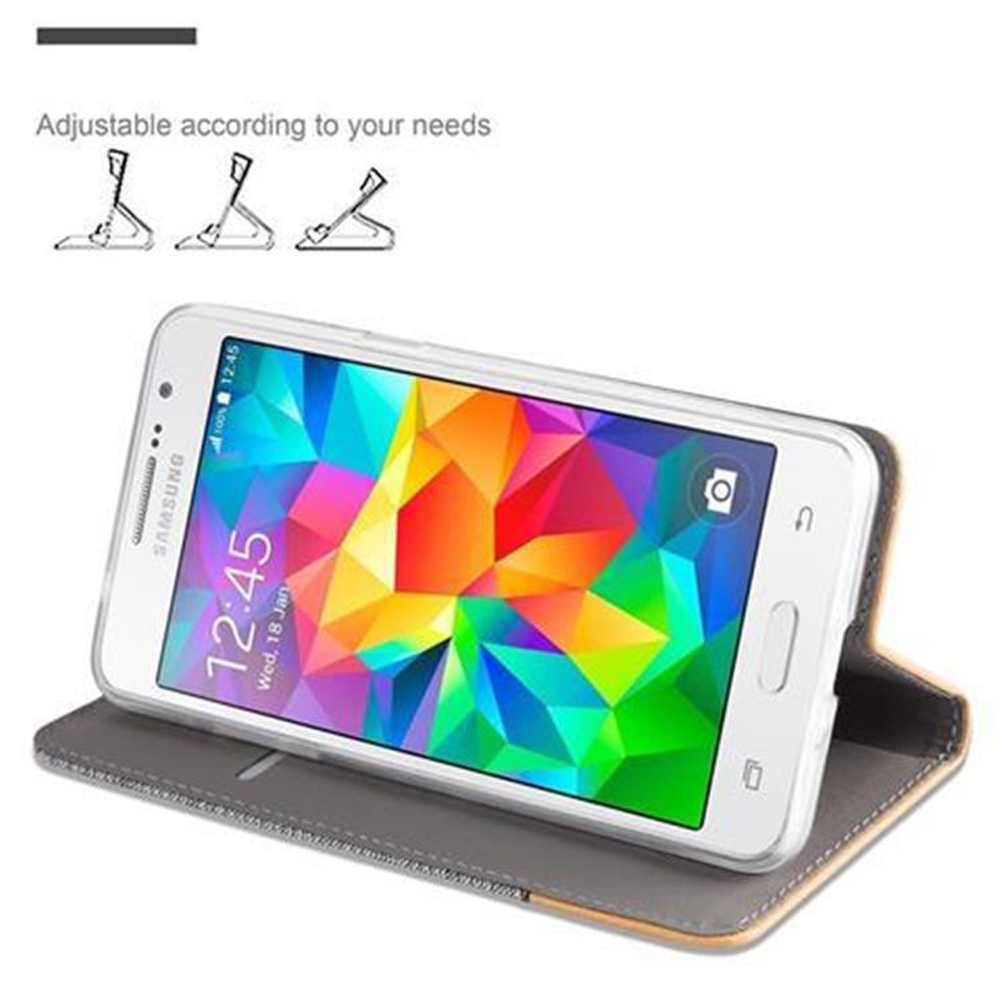 Telefono Samsung bianco in una custodia. Lo schermo mostra un'immagine colorata con l'ora visualizzata.