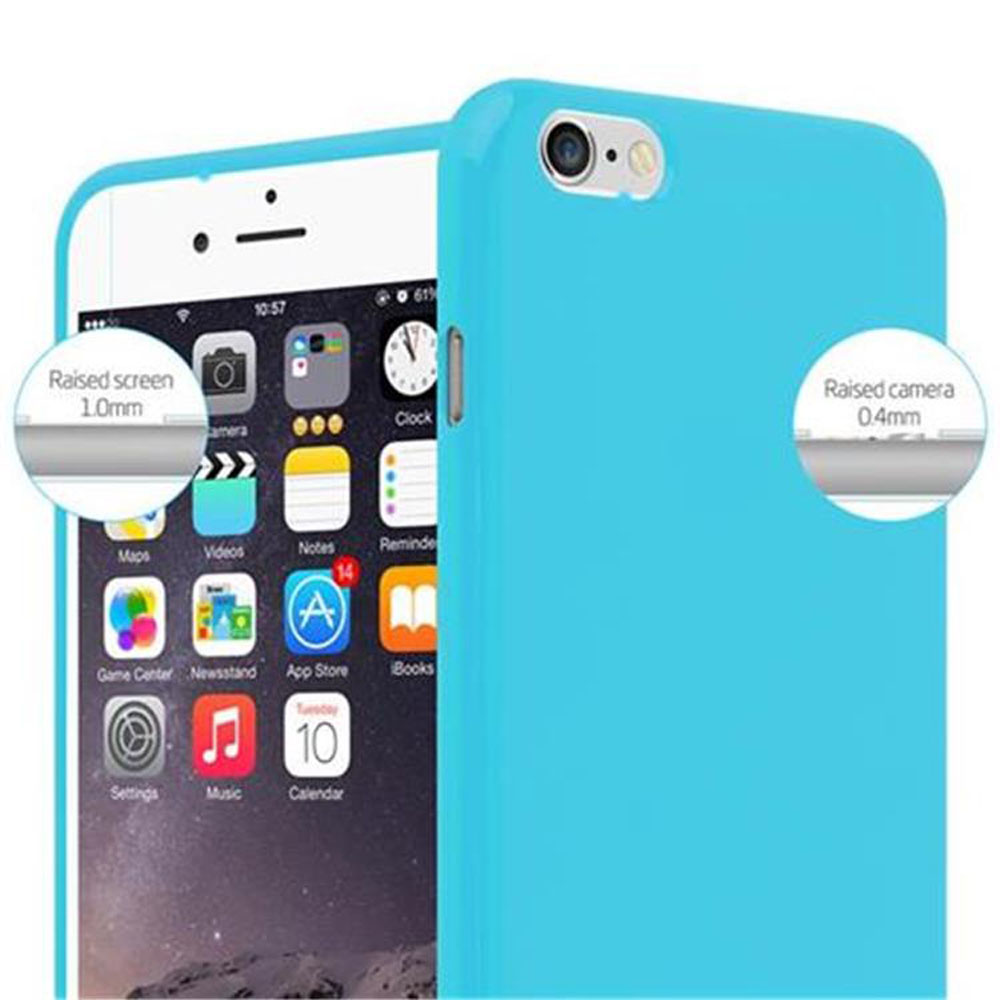 Uno smartphone in una custodia blu. La custodia è di colore pieno.