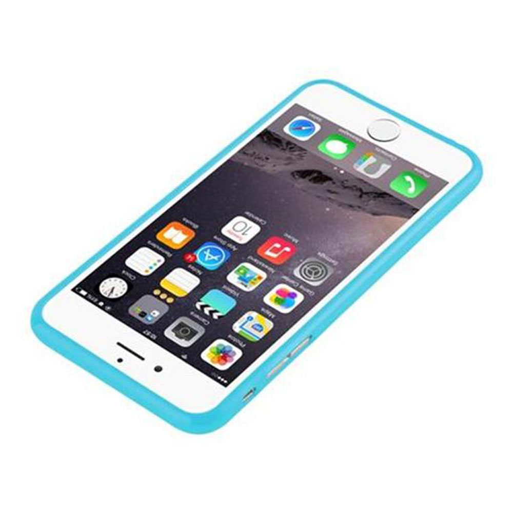 Telefono bianco con custodia blu. Icone sullo schermo. Isolato su sfondo bianco.