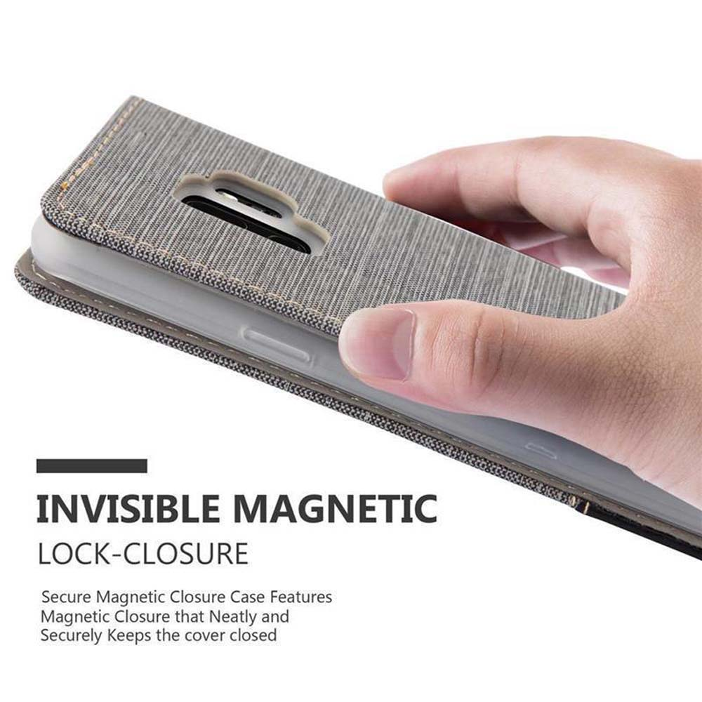 Handyhülle mit Telefon darin. Text: Invisible Magnetic Lock-Closure. Eine Hand hält die Hülle.
