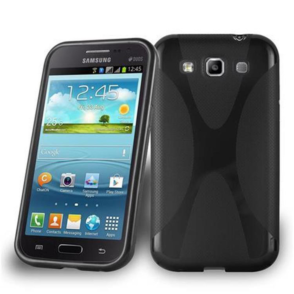 Telefono Samsung nero con display a sinistra, custodia nera a destra. Lo schermo mostra l'ora.