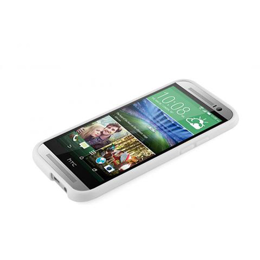 Un telefono bianco in una custodia, che mostra uno schermo colorato con foto e un widget meteo.