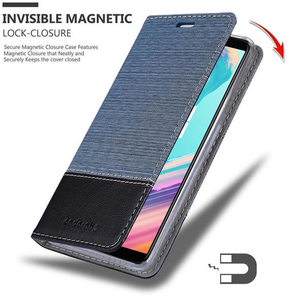 Ein Telefon in einer blauen Jeanshülle mit Magnetverschluss, leicht geöffnet.