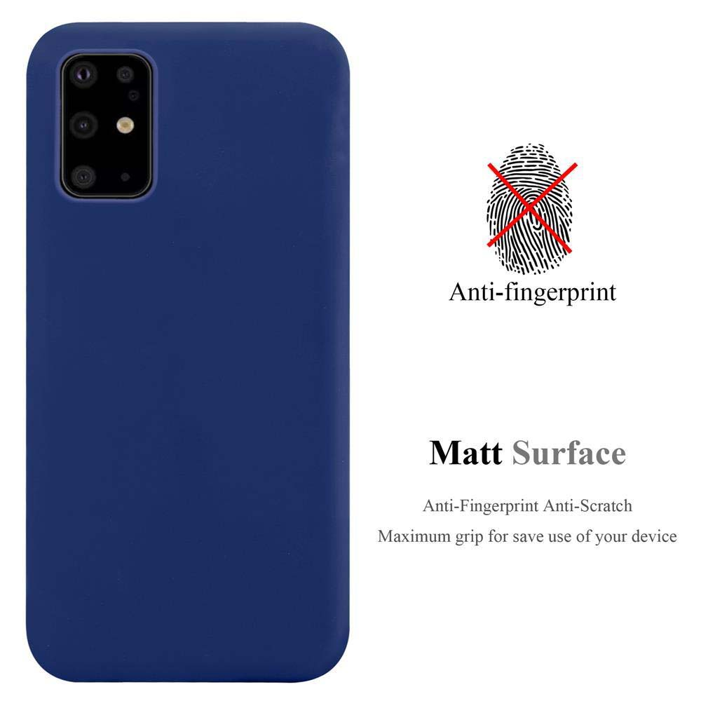 Una custodia per telefono blu scuro con le parole 'Matt Surface'. Un grafico anti-impronte digitali è sbarrato.