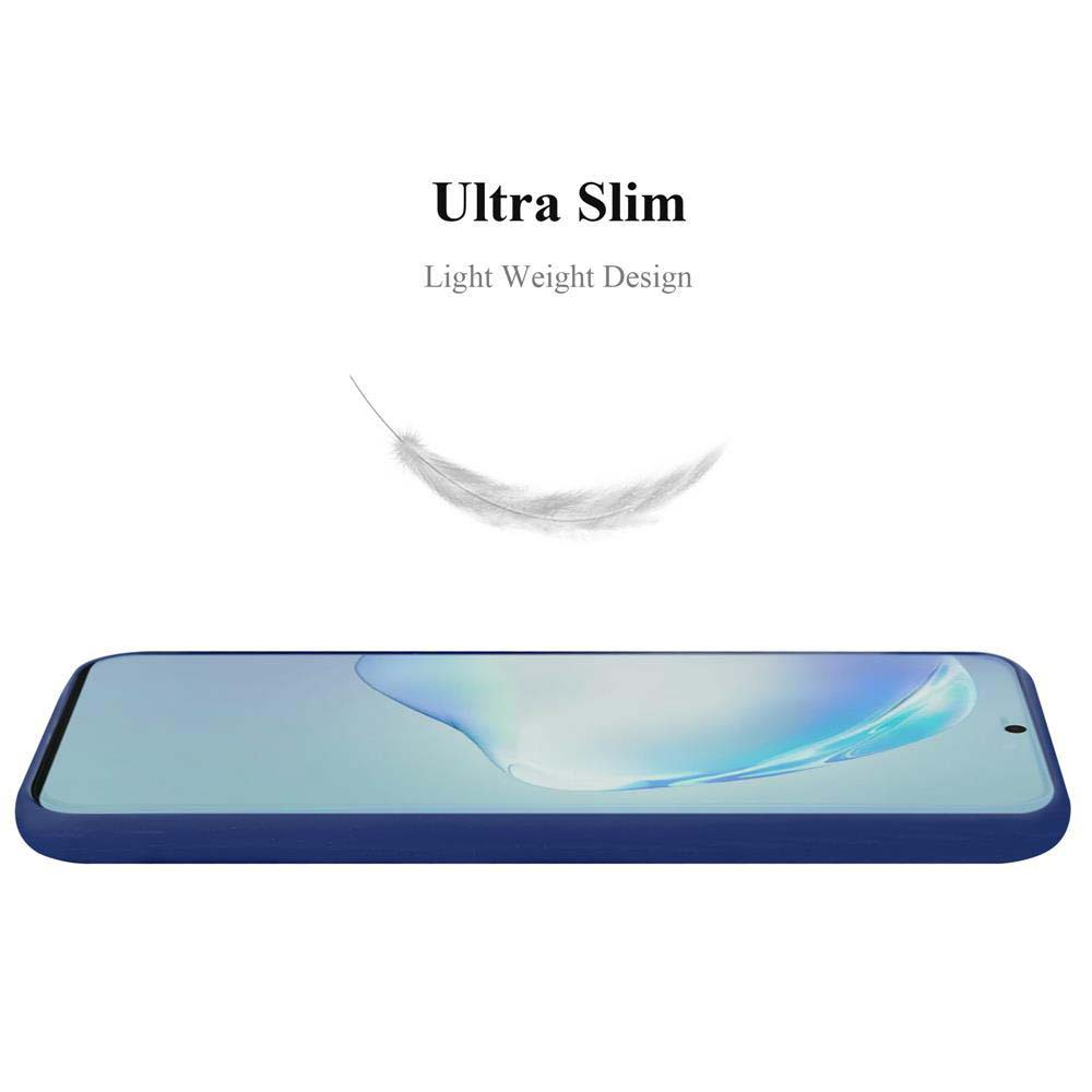 Custodia per telefono blu con un telefono all'interno. Una grafica di piuma è sopra il telefono. Il testo dice 'Ultra Slim'.