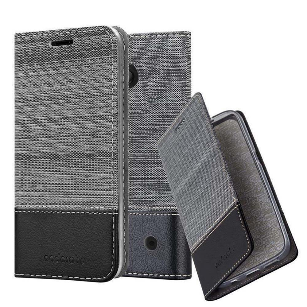 Funda de teléfono gris estampada. Uno abierto. Uno cerrado. Ambos tienen paneles negros y grises.