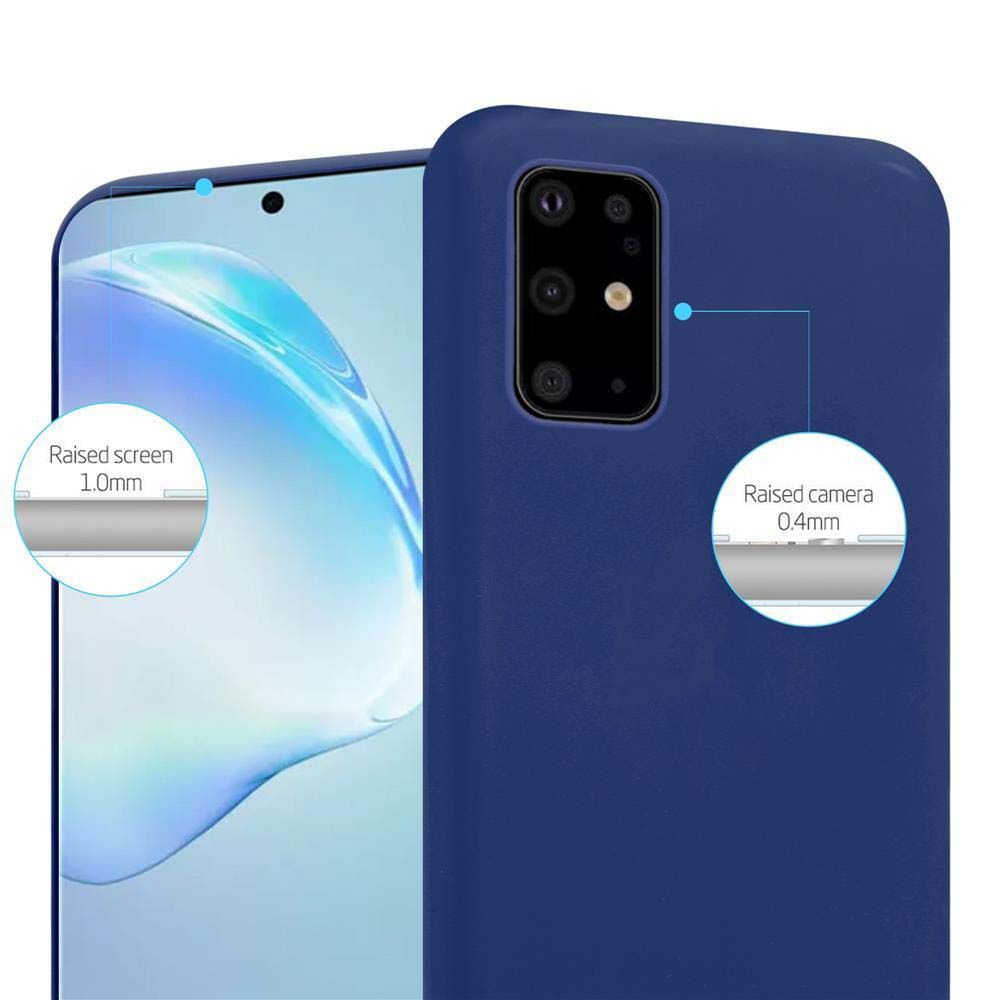 Una custodia blu per telefono con protezione rialzata dello schermo e della fotocamera. Etichette di testo indicano i livelli di protezione.