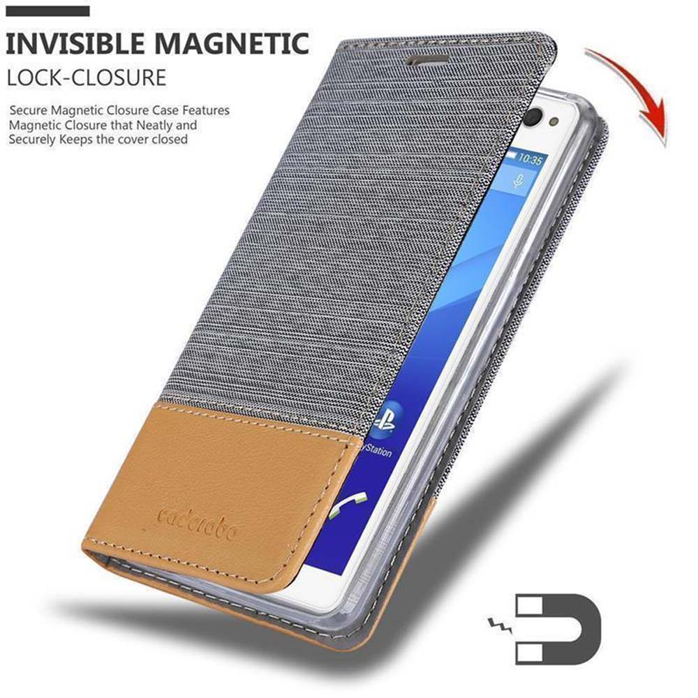 Handyhülle mit geöffnetem Deckel, grau und braun. Magnetsperre gezeigt. Telefonbildschirm sichtbar.