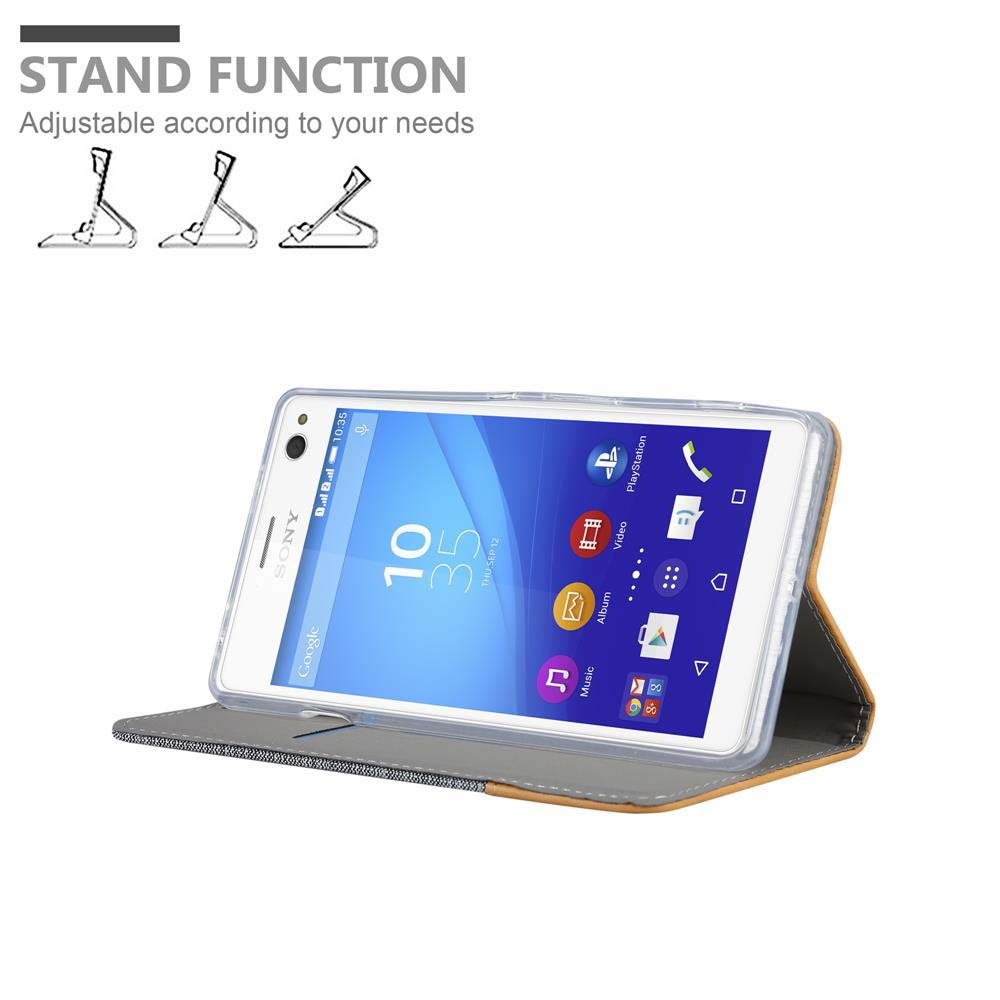 Telefon in Hülle, offen, Bildschirm mit Symbolen, Standfunktion, einstellbare Winkel.