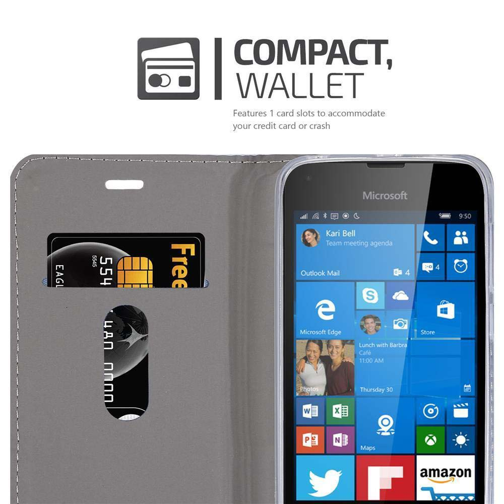 Teléfono en funda tipo cartera, mostrando una interfaz con aplicaciones y una ranura para tarjetas.